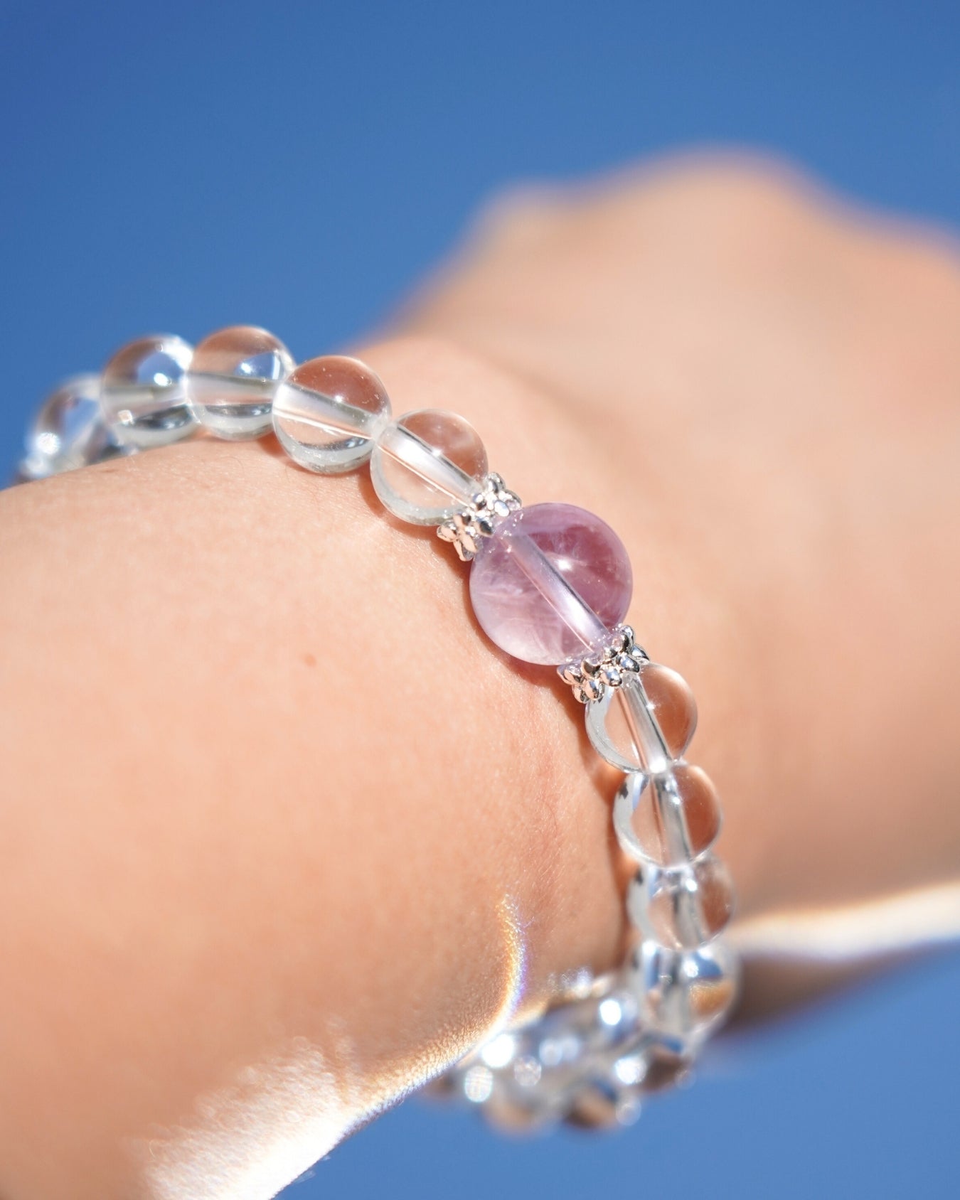 Natural Clear Quartz 8mm Crystal Bracelet with 11mm Natural Lavender Amethyst Centerpiece | Starlight Awakening Bracelet | Crown Chakra