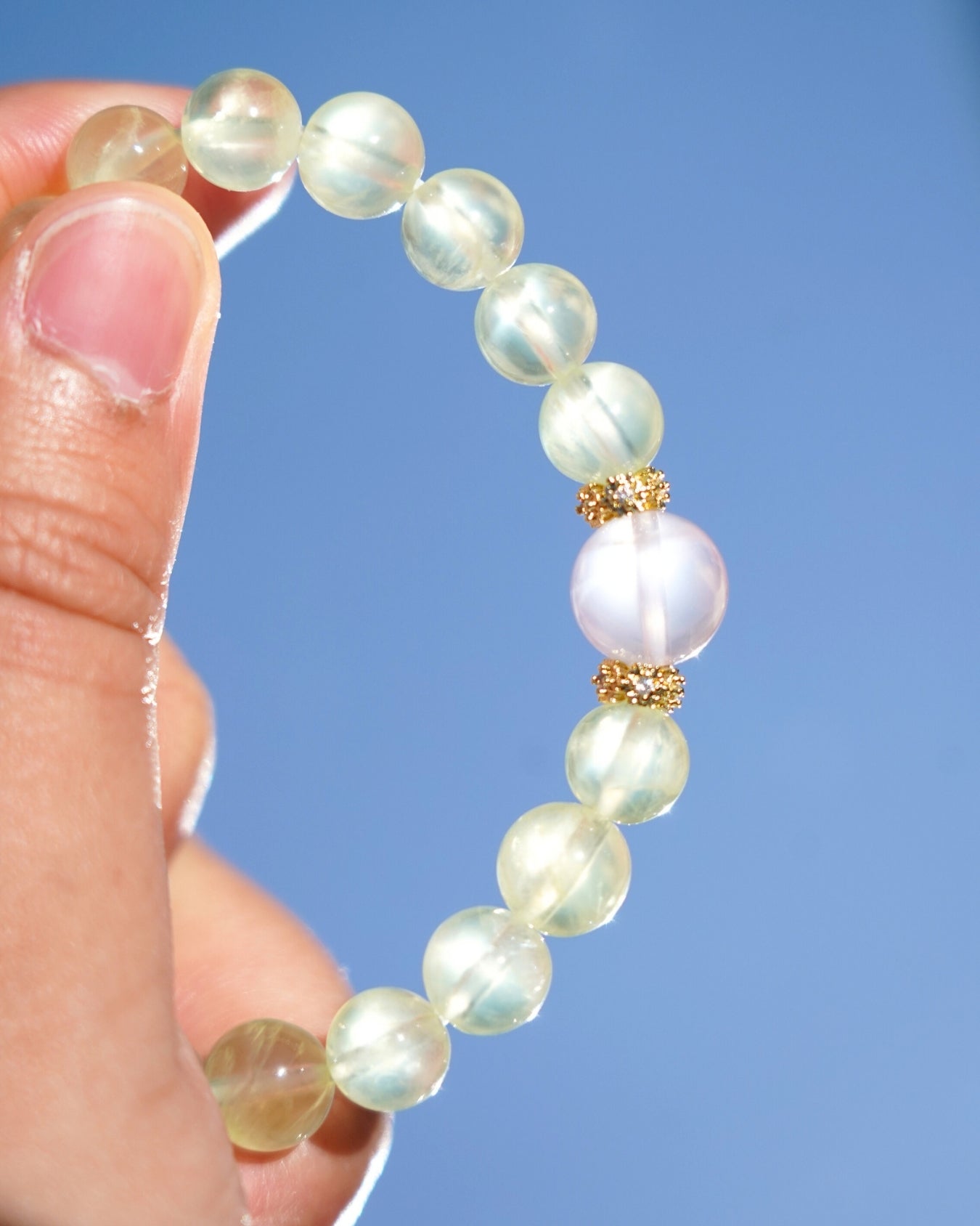 Natural 7mm Prehnite and 10mm Madagascar Rose Quartz Smooth Rondelle Beads Bracelet | Heart Chakra