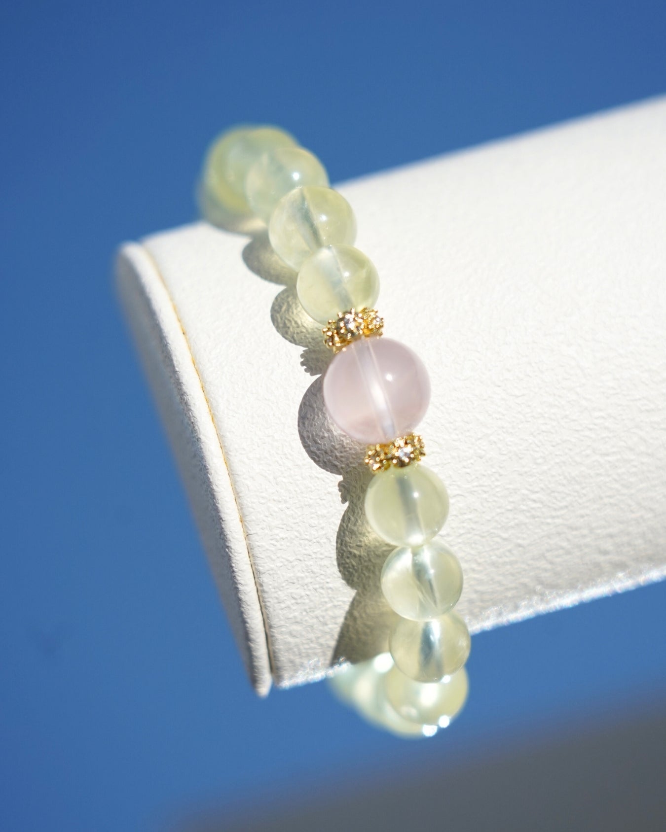 Natural 7mm Prehnite and 10mm Madagascar Rose Quartz Smooth Rondelle Beads Bracelet | Heart Chakra