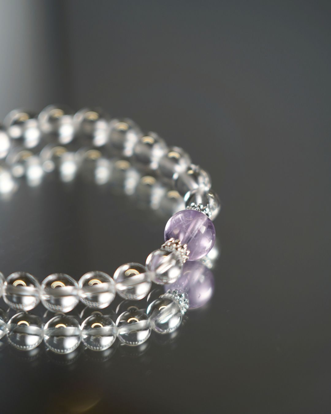 Natural Clear Quartz 8mm Crystal Bracelet with 11mm Natural Lavender Amethyst Centerpiece | Starlight Awakening Bracelet | Crown Chakra