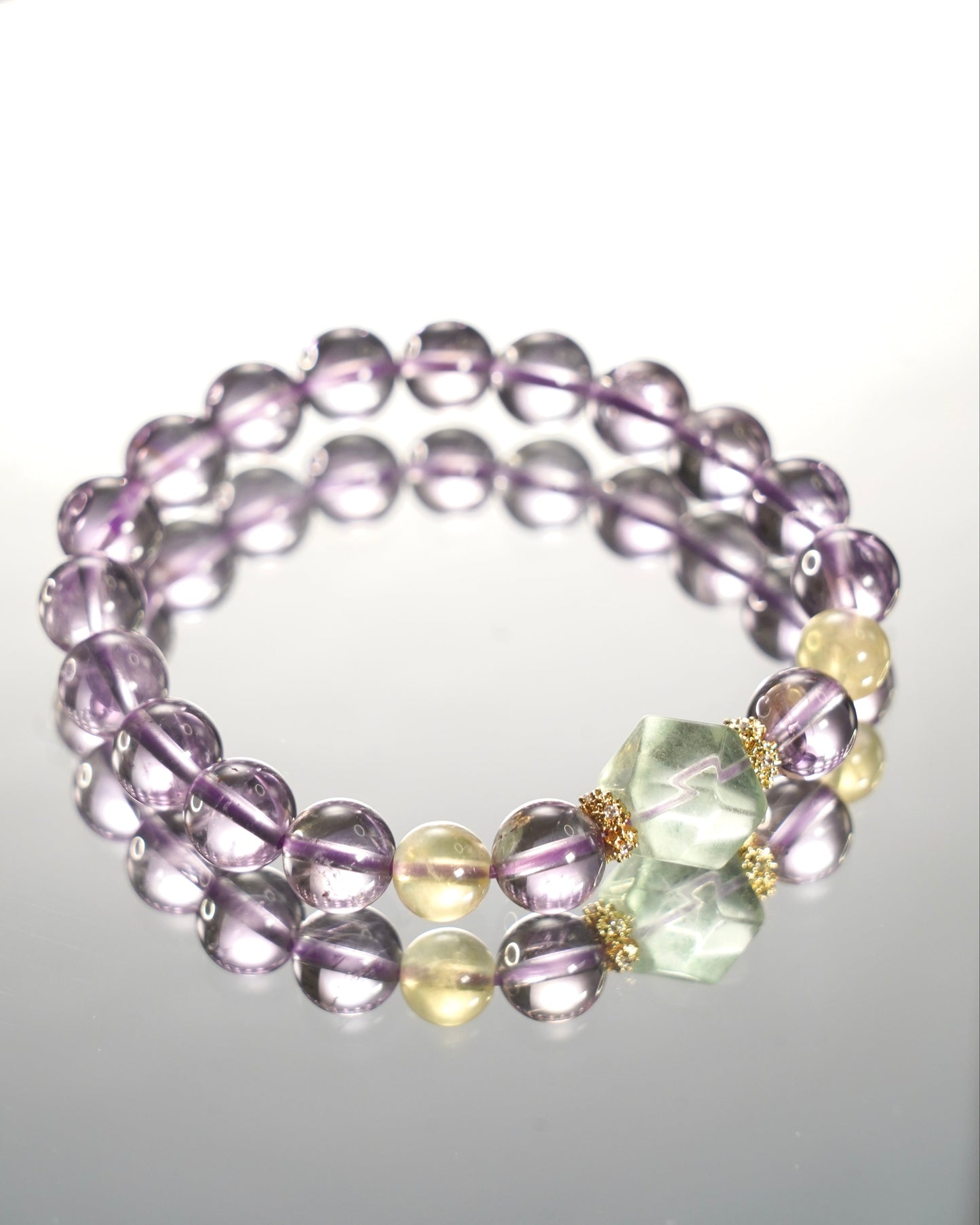 Purple Azeztulite & Prehnite Crystal Bracelet for Spiritual Awakening & Unconditional Love