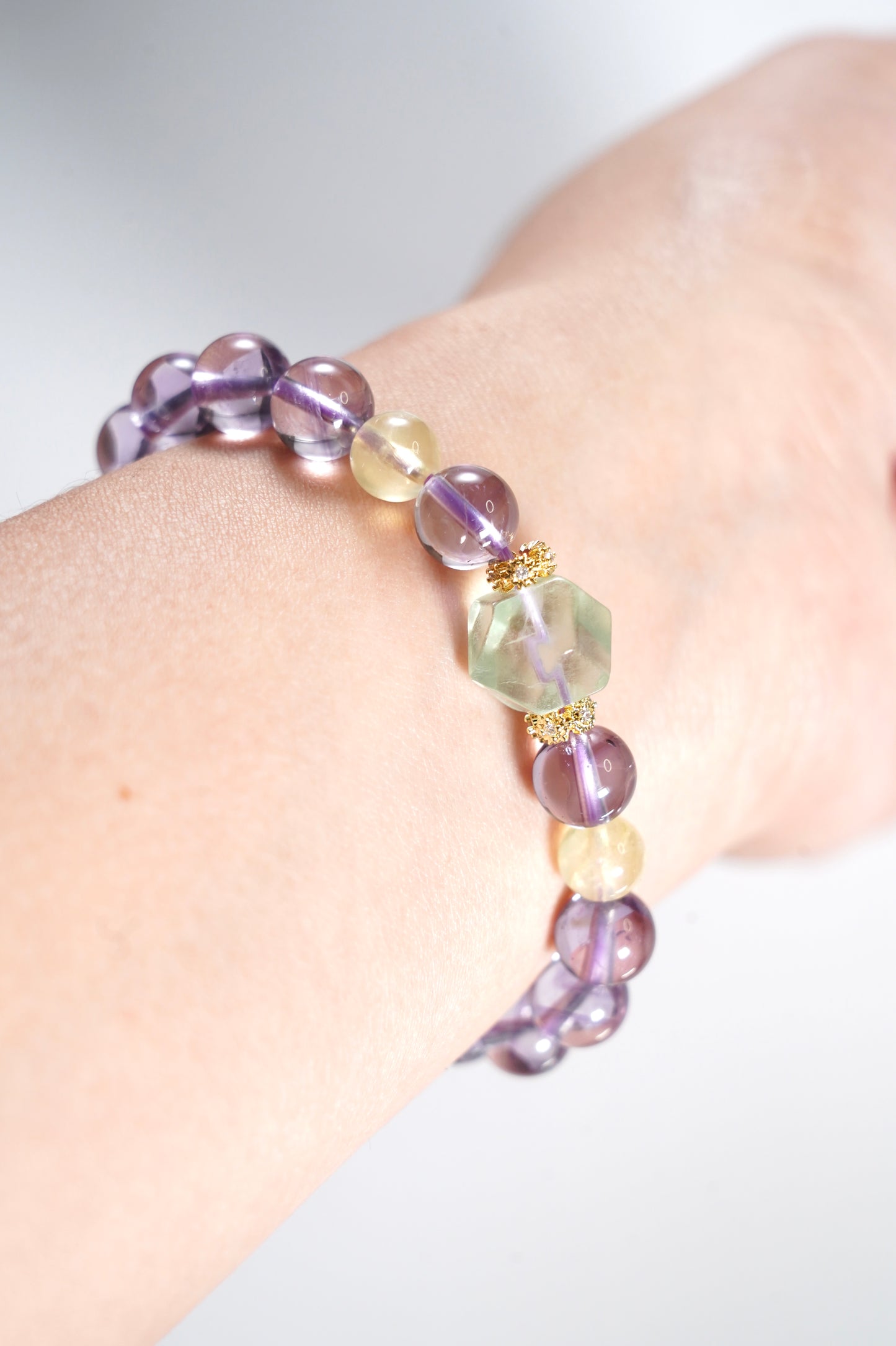 Purple Azeztulite & Prehnite Crystal Bracelet for Spiritual Awakening & Unconditional Love