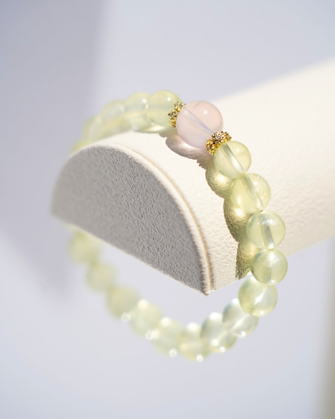 Natural 7mm Prehnite and 10mm Madagascar Rose Quartz Smooth Rondelle Beads Bracelet | Heart Chakra