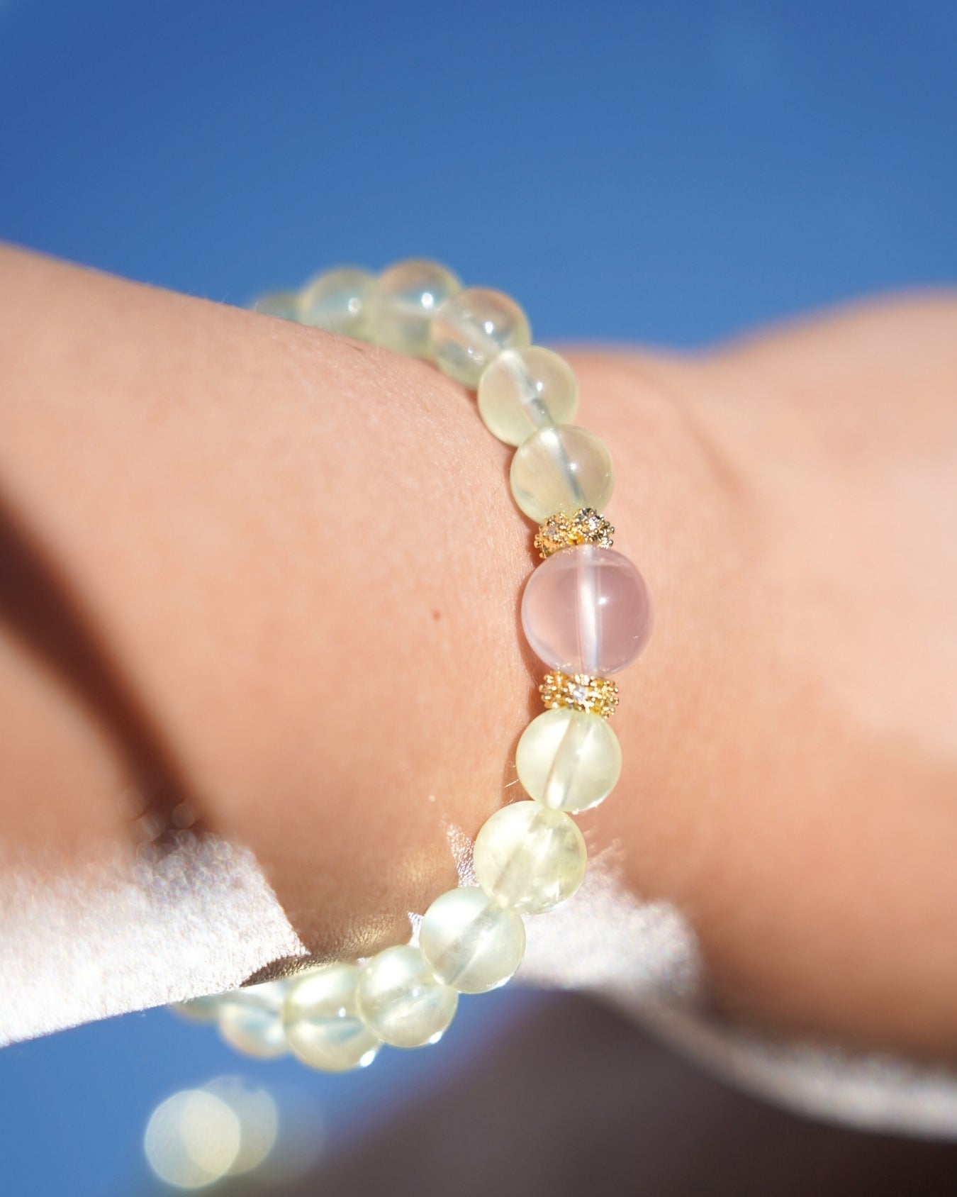 Natural 7mm Prehnite and 10mm Madagascar Rose Quartz Smooth Rondelle Beads Bracelet | Heart Chakra