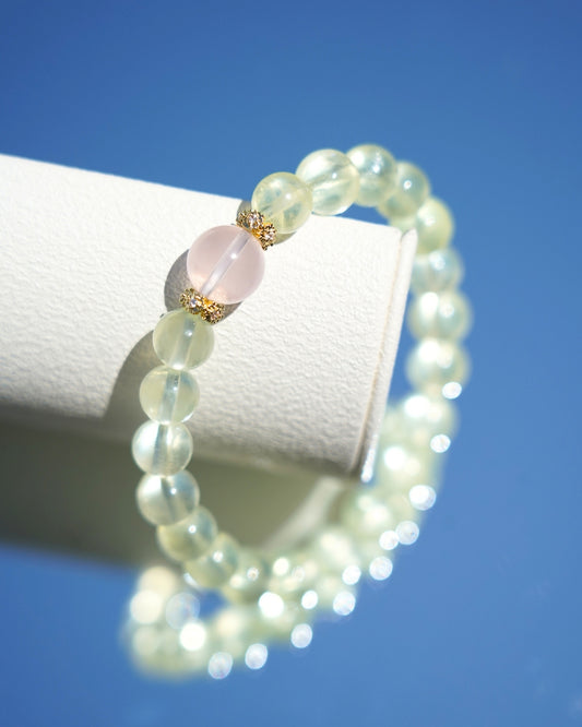 Natural 7mm Prehnite and 10mm Madagascar Rose Quartz Smooth Rondelle Beads Bracelet | Heart Chakra