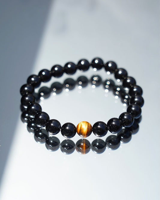 8mm Black Tourmaline and single Yellow Tiger’s Eye Beads Bracelet | Root Chakra
