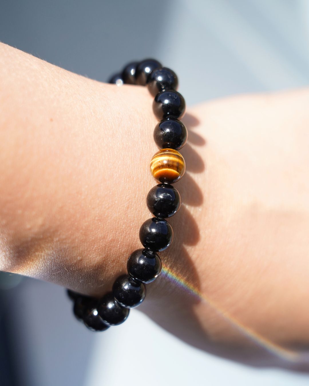 8mm Black Tourmaline and single Yellow Tiger’s Eye Beads Bracelet | Root Chakra