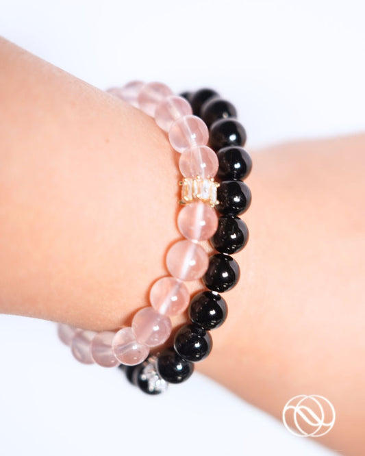 BLACK AND PINK - Natural Rose Quartz and Black Tourmaline 7mm Crystal Bracelet Set