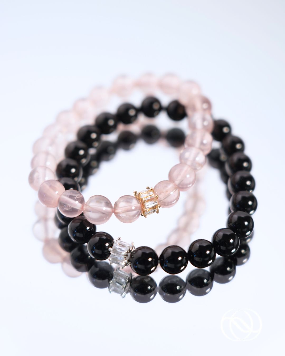BLACK AND PINK - Natural Rose Quartz and Black Tourmaline 7mm Crystal Bracelet Set
