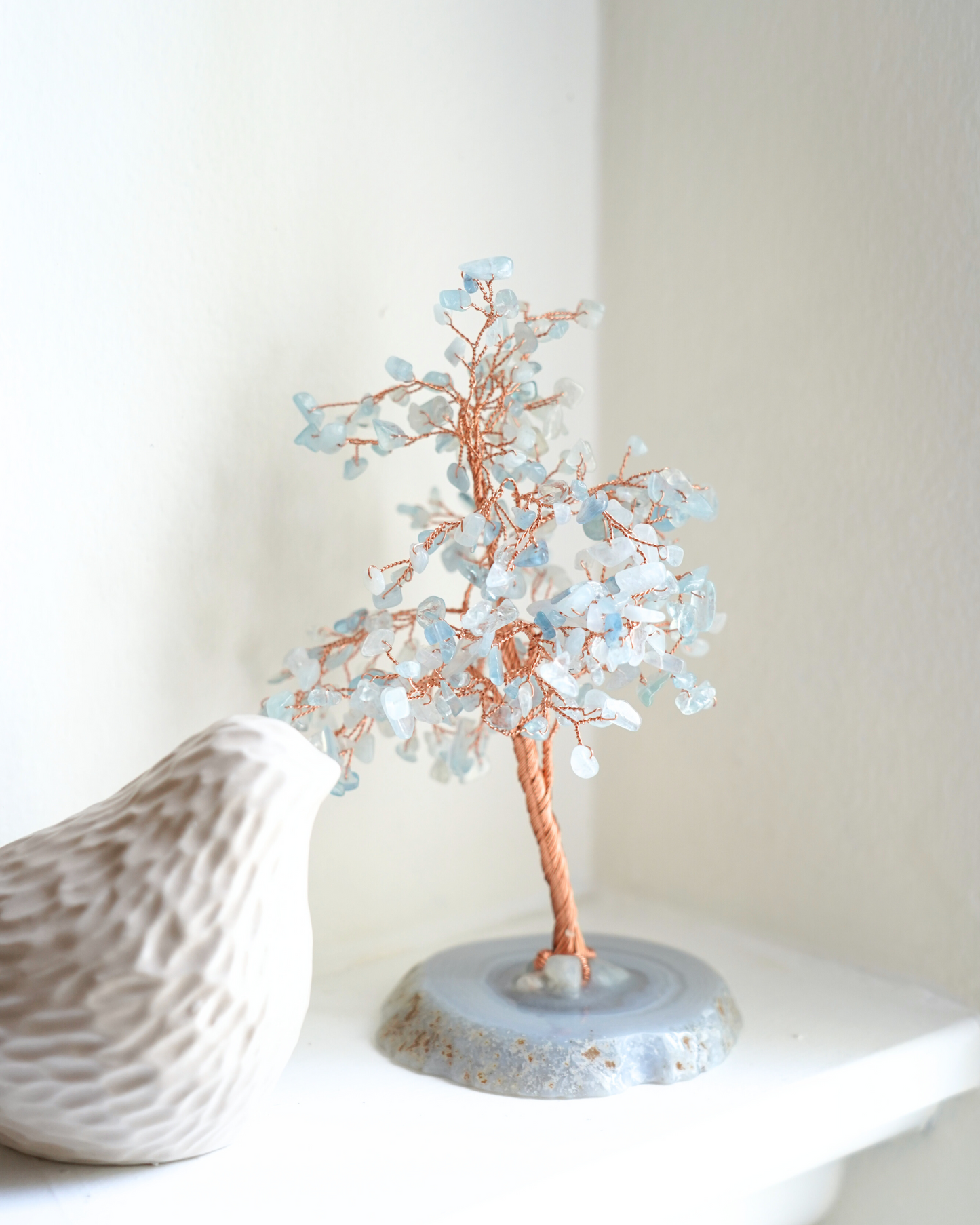 Handcrafted Natural Aquamarine Crystal Tree on Agate Base, Calming Energy of the Sea with the Grounding Stability of the Earth.