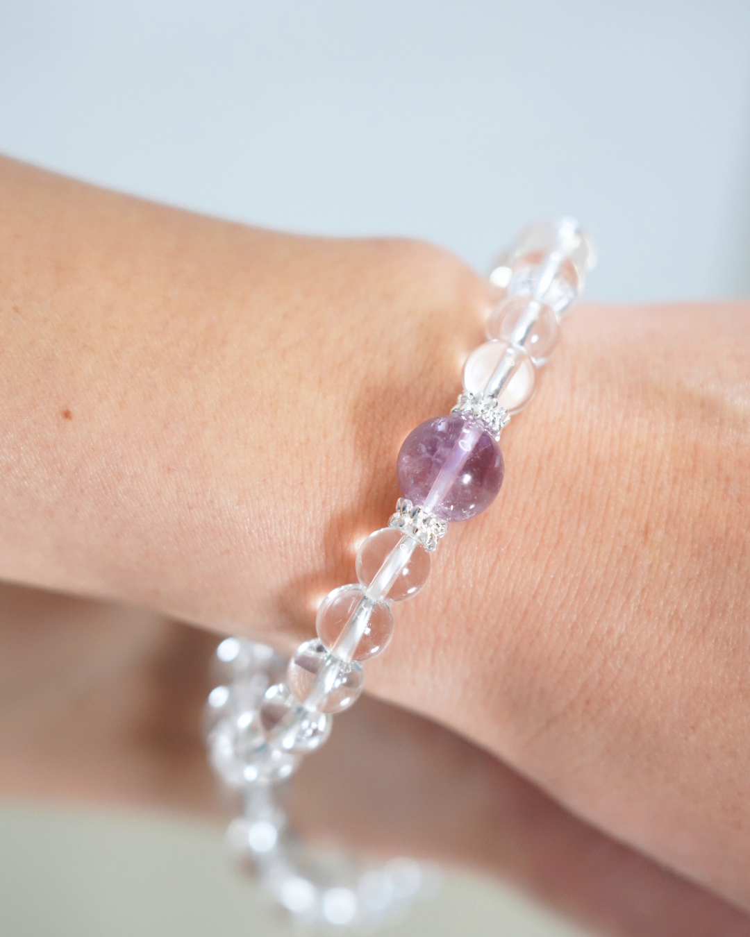 Natural Clear Quartz 8mm Crystal Bracelet with 11mm Natural Lavender Amethyst Centerpiece | Starlight Awakening Bracelet | Crown Chakra