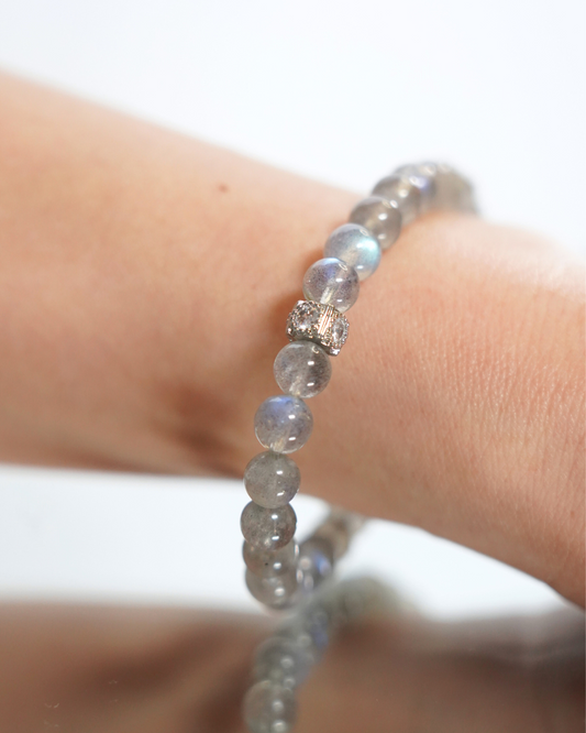 6mm Gray Moonstone Crystal Bracelet | Lunar Reflection Bracelet | Crown Chakra