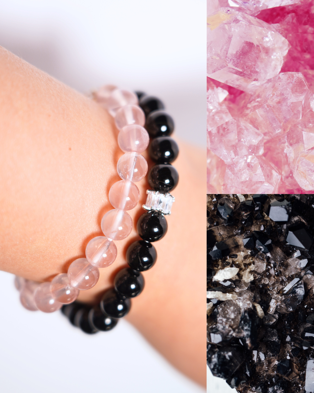 BLACK AND PINK - Natural Rose Quartz and Black Tourmaline 7mm Crystal Bracelet Set